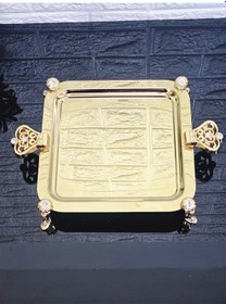 Resim 6 Adet Kahve & Çay & Sunum Tepsisi Gold Kare Prenses Taşlı Ayaklı Kulplu Tepsi Gold 