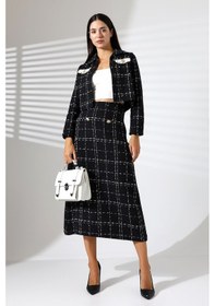 Resim Mois Atelier Siyah Tüvit Uzun Kol Crop Ceket Gold Düğme Detaylı Midi Kalem Etek Takım Tesettür Siyah 