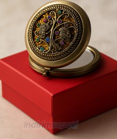Resim Makyaj Aynası Vintage İşlemeli Taşlı Metal Çift Taraflı Cep Aynası - Hediyelik Çanta İçi Taşınabilir Ayna 