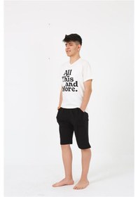 Resim Akbeniz Erkek Genç Garson Boy Kısa Kol Ekru Penye Şortlu Pijama Takımı 20377 