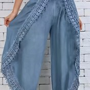 Resim Şık Kadınlar için Açık Mavi Dantel Süslemeli Bol Rahat Pantolon - Yüksek Bel, Düz Kesim, Polyester, Makinede Yıkanabilir - Tüm Mevsimler İçin Mükemmel 