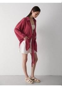 Resim Laluvia Bordo Flam Keten Kimono Gömlek Bordo 