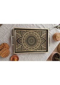 Resim Mandala Desenli Dekoratif Tepsi Siyah Gold Çerçeveli Kulplu Çay Kahve & Sunum Tepsisi 