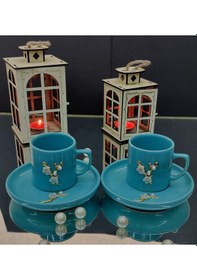 Resim Dal Çiçek Kahve Fincanı 2li Set Türk Kahvesi Fincan Takımı Turkuaz 