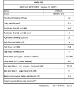 Resim Arçelik ADE 607-2 G Ankastre Duvar Tipi Davlumbaz 