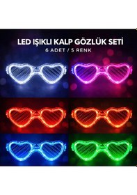 Resim Led Işıklı Kalp Glow Pilli Parti Gözlüğü 6 Adet / 5 Renk Set 