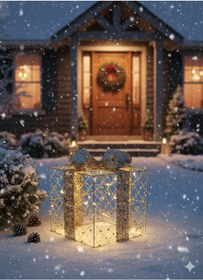 Resim 25x25 Cm Yılbaşı Hediye Paketi Metal Süs - Gold Gümüş Payetli Boncuklu Lüks Noel Ağaç Altı Dekorasyonu Diğer 