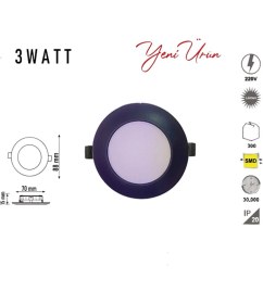Resim ŞANLED 3W Tasarruflu LED Yuvarlak Siyah Kasa Beyaz Işık Sıva Altı Slim Panel Tavan Armatürü 