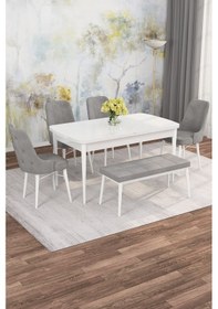 Resim Mona Beyaz 80x132 Açılabilir Mdf Masa Yemek Odası Takımı, Mutfak Takımı 4 Adet Sandalye, 1 Bench Beyaz Masa - 4+1 Gri - Beyaz Ayak 