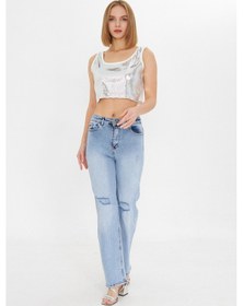 Resim Kutaf Açık Mavi Yüksek Bel Wideleg Yırtık Detaylı Kadın Jean Pantolon Denim 