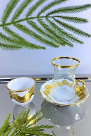Resim 18 Parça 6 Kişilik Çay Ve Mırra Takımı - Cam Bardaklı Porselen Tabaklı Komple Set Gold 
