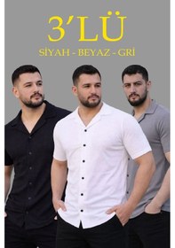 Resim Erkek Waffle Kumaş Yazlık Yakalı Kısa Kol Düğmeli Gömlek 3 Lü Set Siyah-beyaz-gri Çok Renkli 