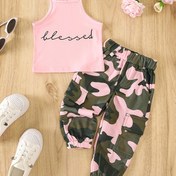 Resim Kızlar için Pembe "Kutsanmış" Kolsuz Tank Top & Kamuflaj Kargo Pantolon Takımı - Gençler için Şık Yazlık Kıyafet, Polyester Karışımı, Makinede Yıkanabilir, Kız Giysileri, Dış Mekan için Mükemmel 