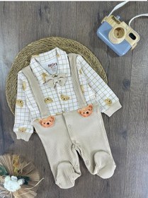 Resim Kaşkorse Esnek Papyonlu Ayıcık Figürlü Patikli Çıtçıtlı Erkek Bebek Tulum Kahve 