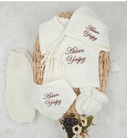 Resim Gros Shop 4 Katlı Müslin 5'li Kimono Bağcıklı Tulum %100pamuk Hastane Çıkışı Kişiye Özgü İsimli Nakış Desenli Ekru 