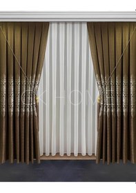 Resim Pano Fon Perde Kahverengi Damask Çiçek Desenli Fon Perde Sık Pile 1/3 Tek Kanat Kahverengi 