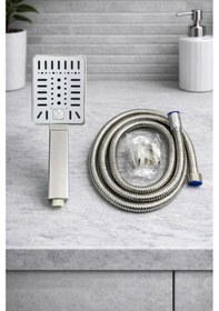 Resim Ahlez Neva Tuşlu 3 Fonksiyonlu Mafsallı Örgülü Hortumlu Duş Seti Krom 