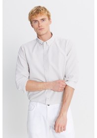 Resim Erkek Bej Tailored Slim Fit Dar Kesim Düğmeli Yaka Gofre Desenli Gömlek Bej 