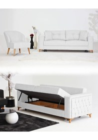 Resim Nola Koltuk Takımı 3+1 & Bazalı Yataklı Koltuk & Kanepe - Keten Beyaz 