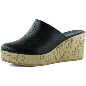 Resim Erkan Saçmacı Aria Siyah Hakiki Dana Derisi Önü Kapalı Mantar Taban Görünümlü Dolgu Topuklu Terlik Siyah 