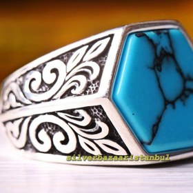 Resim Special Hexagon Turquoise Stone 925 Sterling Silver Mens Ring - US: 9.75 / 62 mm / Turk: 22 