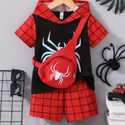 Resim 3 parçalı erkek çocuklar için rahat ve şık örümcek desenli baskılı kısa kollu kapüşonlu sweatshirtler, örümcek ağı desenli dijital baskılı şortlar ve örümcek desenli baskılı takım elbise, erkek çocukları için yazlık rahat ve hafif trend spor giyim, açık hava sporları ve günlük giyim için uygun, hediye olarak da kullanılabilir 