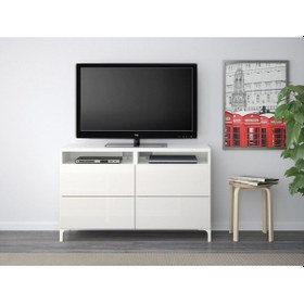 Resim Tv Sehpası, Parlak Cila-beyaz, 120x40x74 Cm, Selsvıken, Fren Raylı Beyaz 