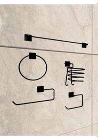 Resim Siyah Yapışkanlı Kare Havluluk Ve Fön Askısı Seti 5'li Banyo Seti Siyah 