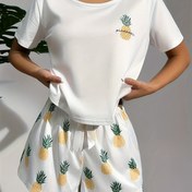 Resim Kadınlar için Rahat Ananas Baskılı Pijama Takımı - Yumuşak, Bol Kesim Kısa Kollu Üst, Bağcıklı Bel ve Eşleşen Şort, Makine Yıkanabilir ve Kuruyabilir, Rahatlamak İçin Mükemmel, Rahat Giyim|Oyunca Baskılı Üst|Makine Yıkanabilir Üst, Ananas Aksesuarları 