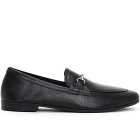 Resim Women's Black Leather Masculine Loafer 