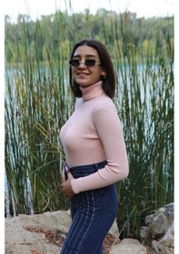 Resim İpli Pudra Renk Balıkçı Yaka Kadın Kazak Pudra 