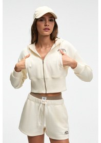 Resim Grimelange ELARA Kadın Metal Fermuarlı Nakışlı Kapüşonlu Crop Ekru Sweatshirt 
