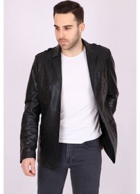 Resim Aclassics Erkek Siyah Hakiki Deri Yakalı Casual Klasik Ceket Mont 