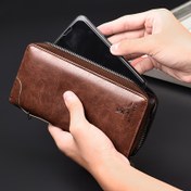 Resim Erkek İş Uzun Cüzdan, Sürücü Belgeleri İçin Entegre Kart Tutucu ile, Mobil Telefonlar için Şık Kavrama, Fermuarlı Deri Malzemeden Yapılmış, Rahat ve Minimalist Tasarım. 