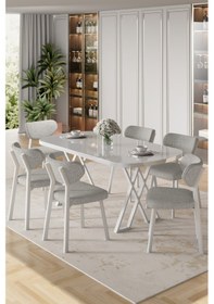 Resim Canisa Axton Serisi Sabit Mdf 90x168 Beyaz Mutfak Masa Takımı 6 Gri Sandalye Beyaz Masa Gri Sandalye 