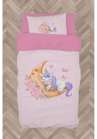 Resim Mekta Home Bebek Ve Çocuk Odası Aya Sarılan Unicorn Desenli Pembe Nevresim Takımı 