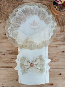 Resim Bebek Dış Kundak Battaniyesi Özel Dantelli Bebek Kundağı Unisex Hastane Çıkışı Mevlütlük Hediyelik Ekru 
