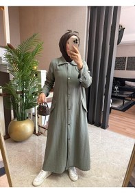 Resim Esra Butik78 Haki Renk Büyük Beden Uyumlu Yazlık Paraşüt Kumaş Tesettür Elbise 