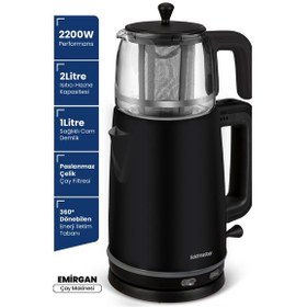Resim Emirgan Siyah 2200 Watt Geniş Hazneli Paslanmaz Çelik Çay Makinesi Ve Su Isıtıcısı 