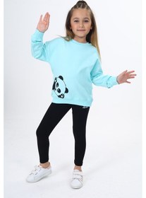 Resim Toontoy Kids Toontoy Kız Çocuk 2'li Takım Baskılı Bisiklet Yaka Düşük Omuz Sweatshirt & Basic Düz Tayt Su Yeşili 