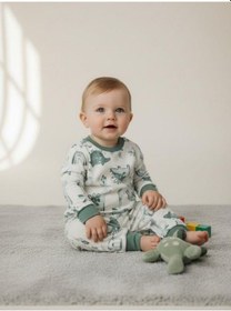 Resim Zekids Erkek Bebek Pamuklu Dinazor Desenli Pijama Takımı-16268 Yeşil 
