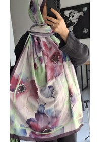 Resim Modakaşmir Aminenesil Bambu Kraş Çiçek Desen Şal Vişne Mürdüm Bej Renk Açık Vişne 