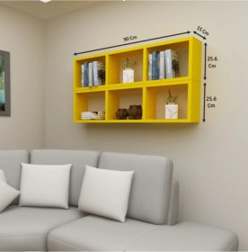 Resim Kitaplık Yan Sarı Renk Duvar Rafı Ikili Takım Sarı 