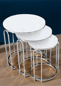 Resim 3' Lü Beyaz Kırılmaz Temperli Cam Nikel Gümüş Ayak Lenka Metal Sehpa Beyaz 