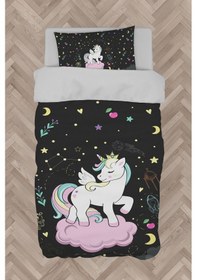 Resim Mekta Home Bebek Ve Çocuk Odası Pembe Bulut Üzerinde Unicorn Desenli Siyah Nevresim Takımı 