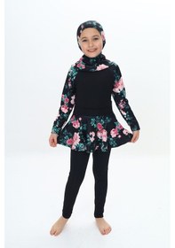Resim My Kids Wear Üç Parça Kız Çocuk Haşema, Tesettür, Etekli, Kapalı Mayo Mercan - Pembe 