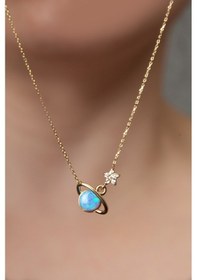 Resim Papatya Silver 925 Ayar Gümüş Mavi Opal Taşlı Gezegen Kolye 