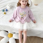 Resim Kızlar için Lavanta Moru & Pembe Çiçek Baskılı Smok Elbise Kazak Elbise, Fırfırlı Kısa Kollu & Zil - Gevşek Kesim File Kollu Bluz Elbise İlkbahar/Sonbahar, Parti Düğün Kıyafeti (Elde Yıkanabilir) 