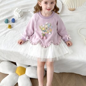 Resim Kızlar için Lavanta Moru & Pembe Çiçek Baskılı Smok Elbise Kazak Elbise, Fırfırlı Kısa Kollu & Zil - Gevşek Kesim File Kollu Bluz Elbise İlkbahar/Sonbahar, Parti Düğün Kıyafeti (Elde Yıkanabilir) 