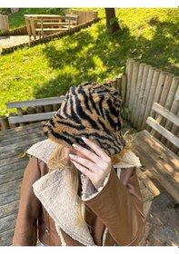 Resim Kadın Zebra Desenli Peluş Kova Şapka - Unisex Siyah 